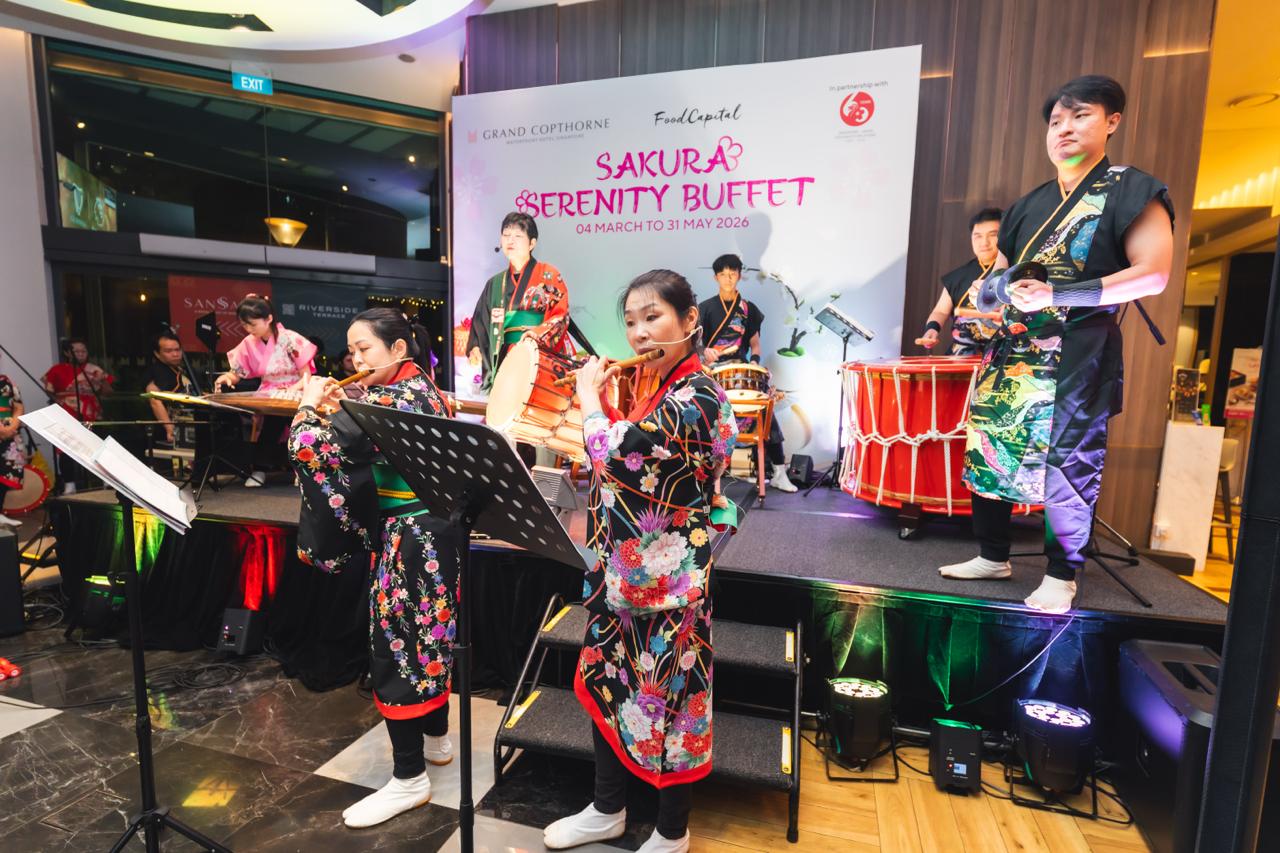HIBIKYA performed Taiko drumming and Koto during the launch evening, one of several cultural elements woven through the Sakura Serenity Buffet experience at Grand Copthorne Waterfront Hotel Singapore.