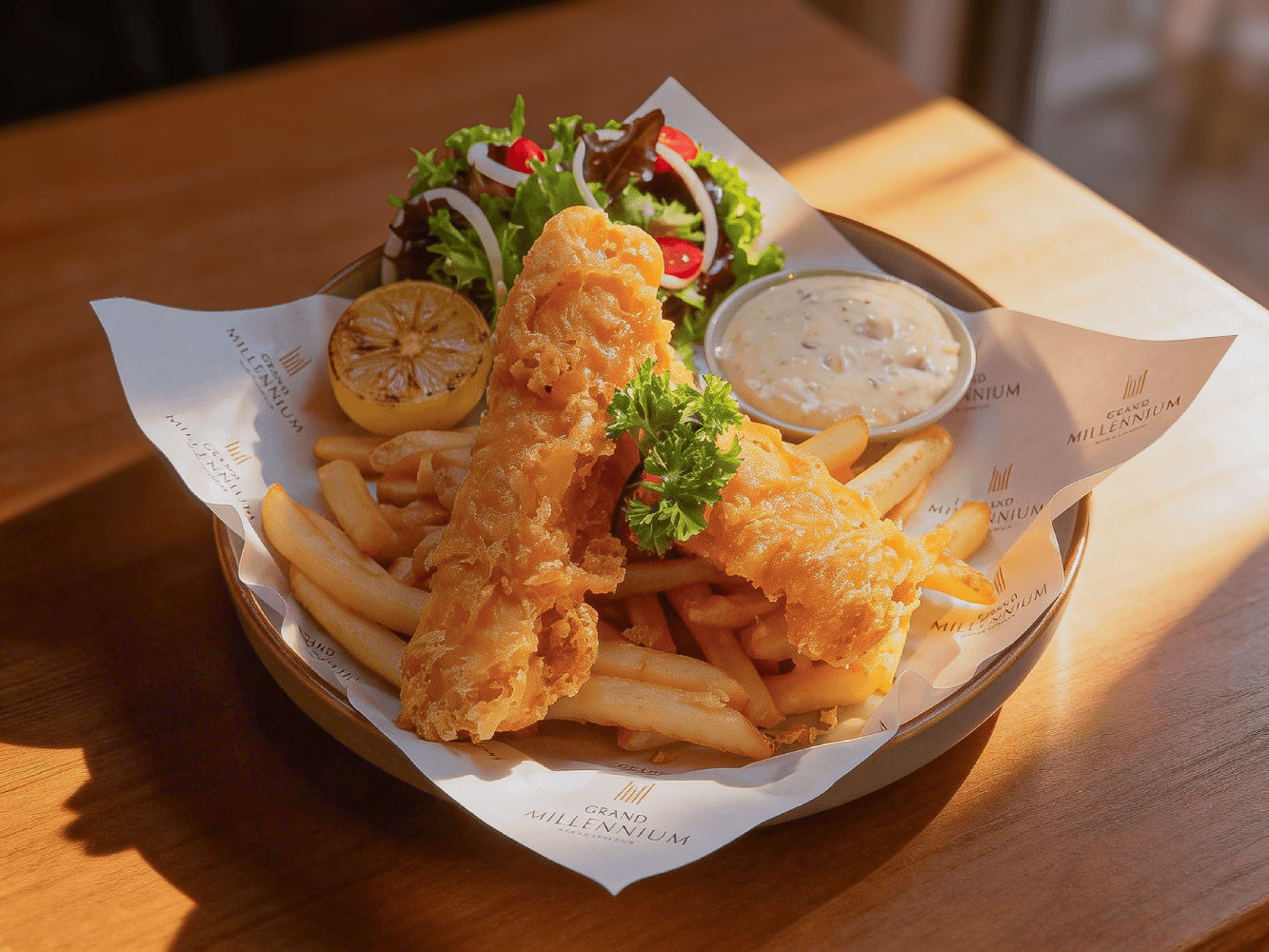 Classic Golden Cod and Chips on the East-Meets-West Power Lunch menu at The Mill Café.