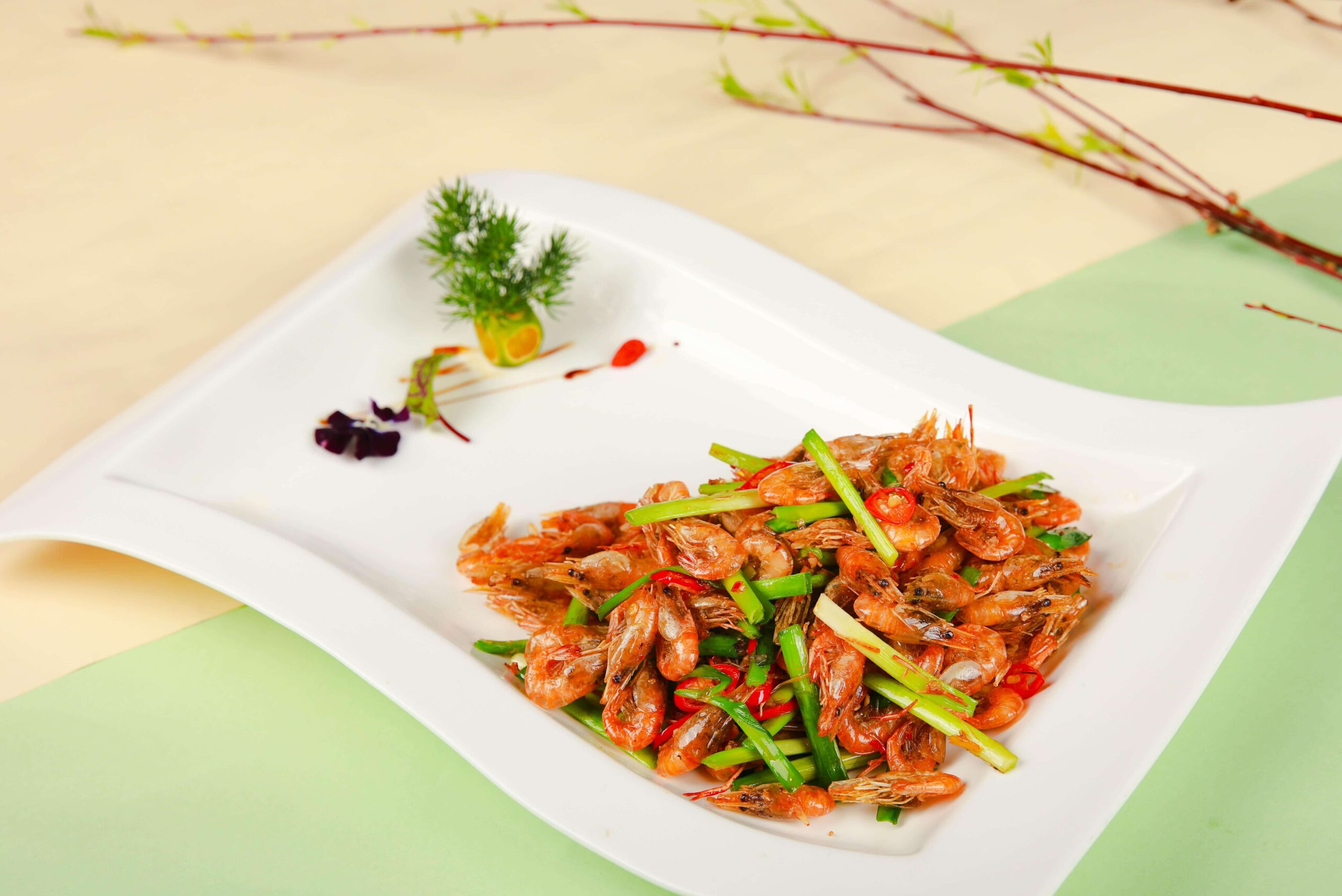 The Fried Small Freshwater Shrimp with Spring Chives at Yao Chi Chinese Restaurant.