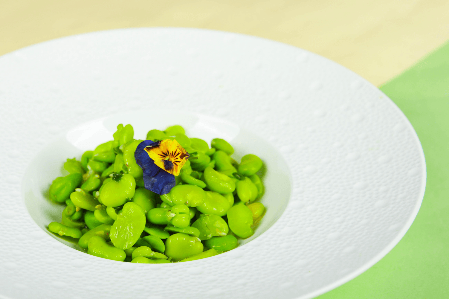 Scallion Oil Mixed with Fresh Fava Beans at Yao Chi Chinese Restaurant, Grand Millennium Beijing.