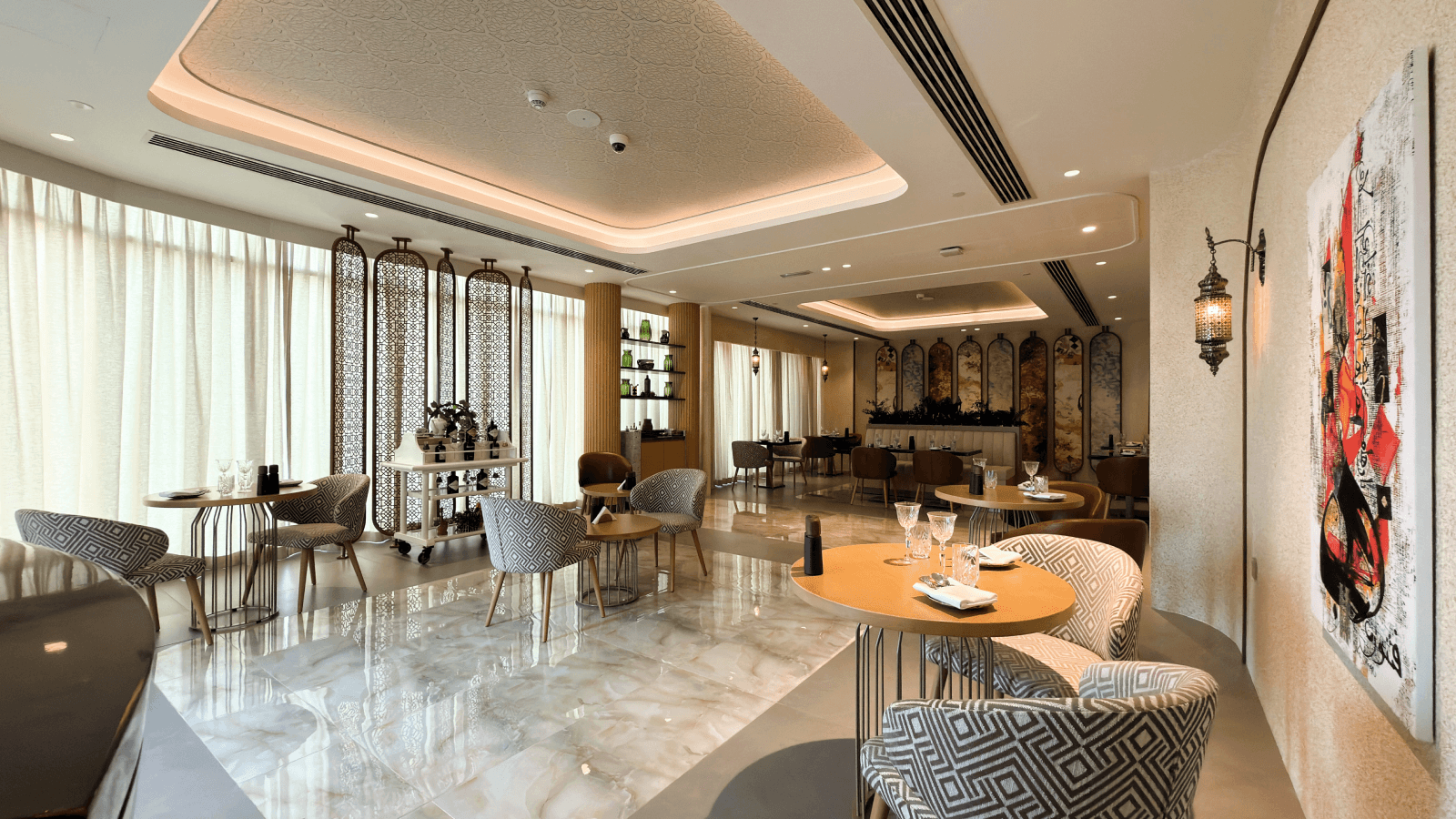 The bright, marble-floored dining room at Storii by Da Vinci's.