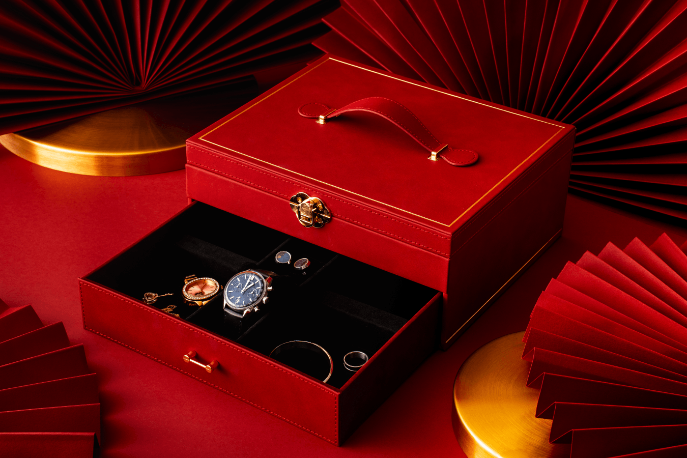 The Hua Ting gift box, its drawer holding a watch and jewellery.