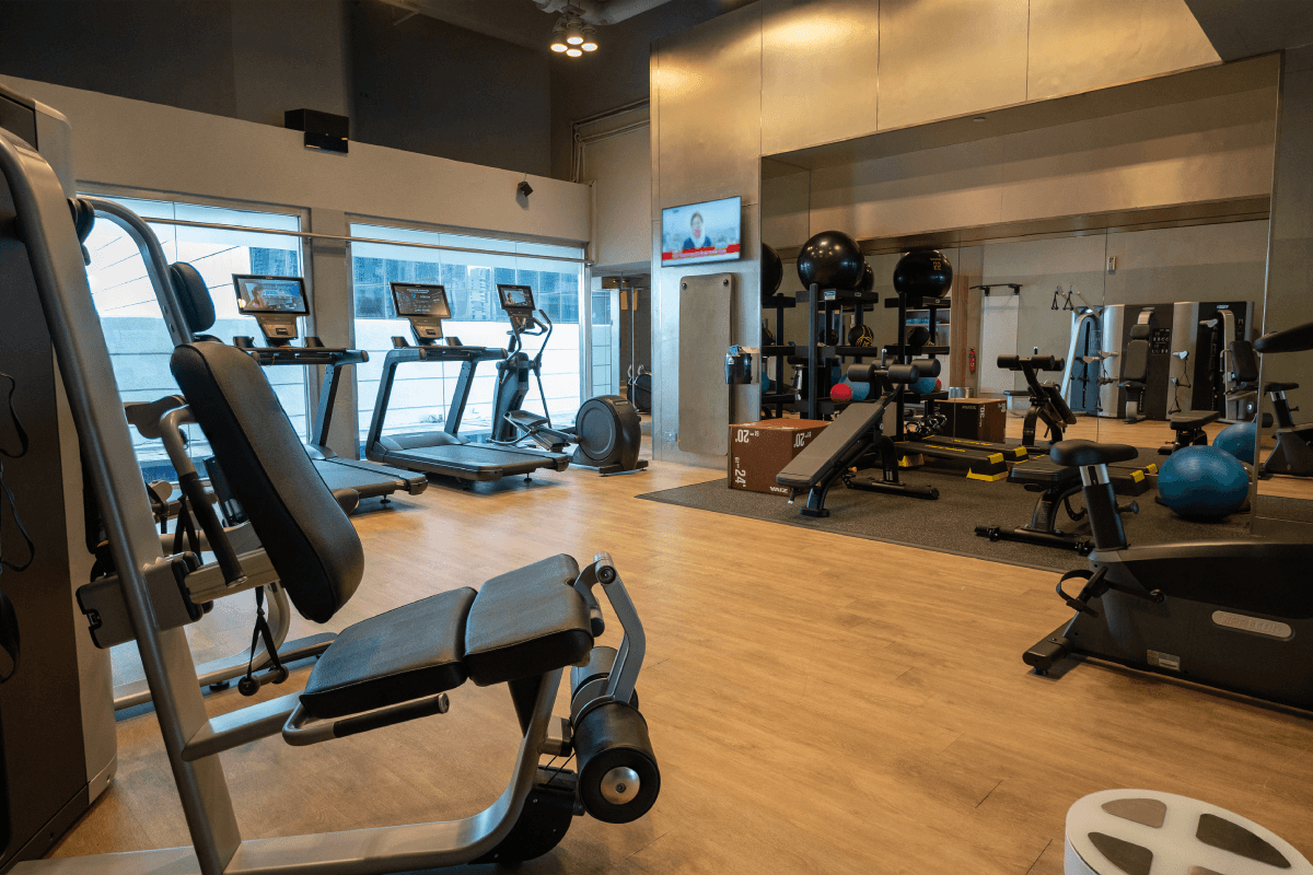 The refreshed gym, laid out with new cardio and strength equipment.